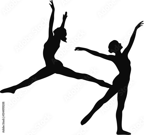 Two ballet dancers in silhouette performing graceful poses against a white background in a studio setting