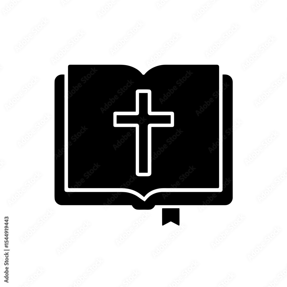 Open Bible icon in filled style – Christian holy scripture with cross Open Bible icon in filled style – Christian holy scripture with cross