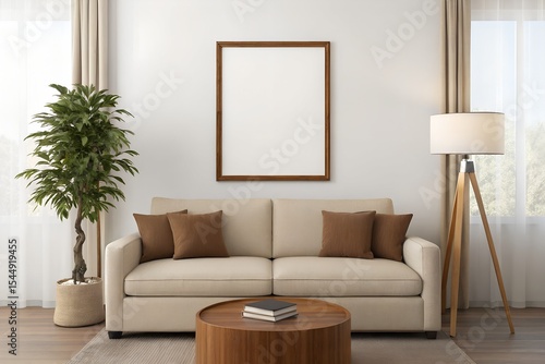 Wall Frame Mockup Above Sofa in Modern Living Room – Interior Poster Display with Home Decor Elements