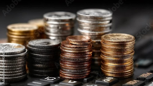 Stacks of Coins on Calculator Keys Representing Financial Concepts