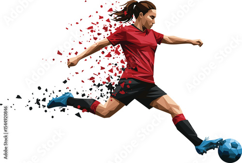 Abstract female soccer player kicking ball, dynamic action pose, polygon vector design, sport energy, fitness movement, football athlete illustration, power, speed, isolated artwork