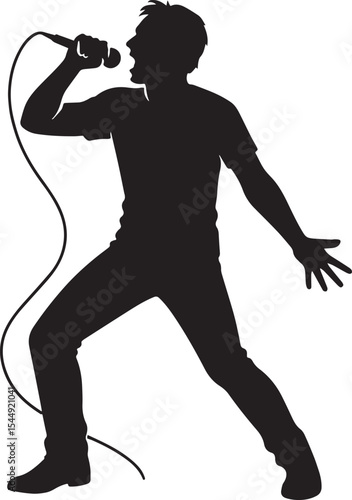 Black and White Silhouette of Singer with Microphone – Minimalist Vector Illustration