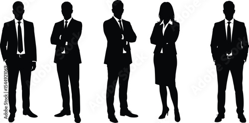 Silhouette of business professionals standing in a row, formal attire, leadership concept, team management, office staff, career success, isolated vector design, corporate teamwork illustration