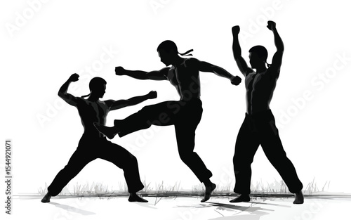Three silhouetted figures practicing martial arts in a dynamic monochrome composition on white ground