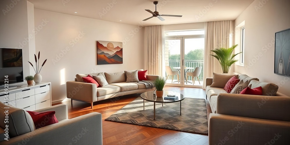 Modern living room, comfortable sofas on parquet, balcony access, view, minimal Modern living room, comfortable sofas on parquet, balcony access, view, minimal