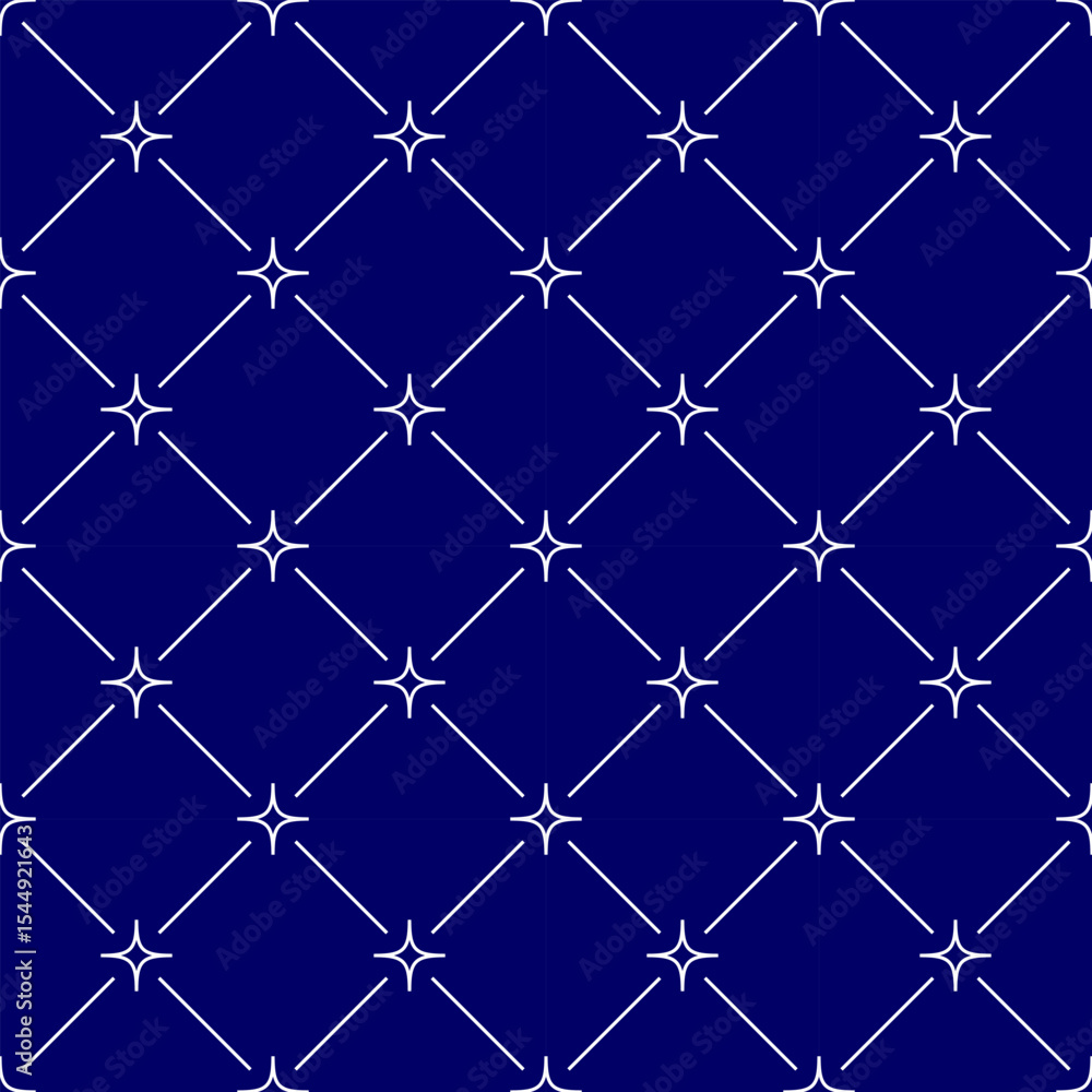 Fototapeta premium Stars connected with thin lines seamless pattern background. White four rays stars on the deep blue night sky back