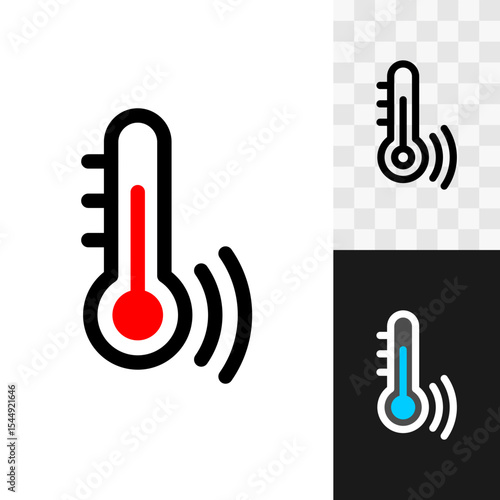 Temperature sensor line icon with gauge scale and detection waves. Hot and cold temperature determination device