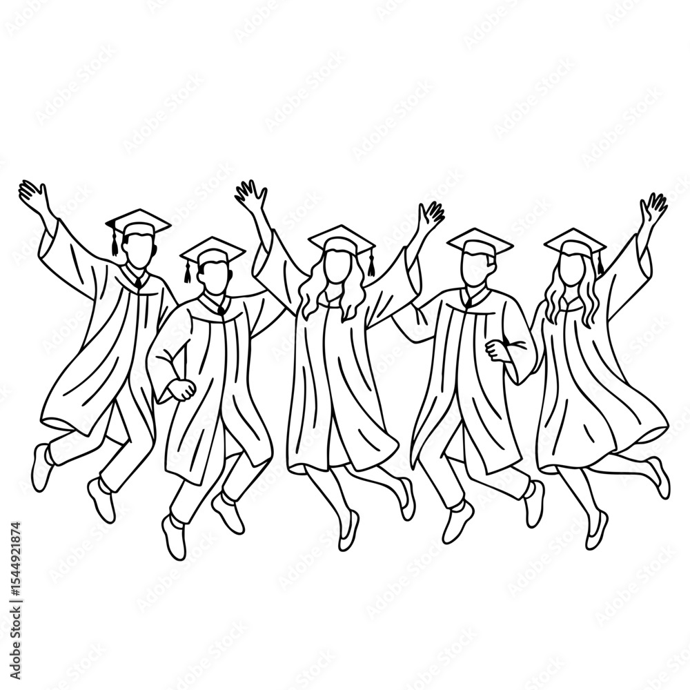 Obraz premium Vector line art of group of graduates jumping in joy wearing academic gowns and caps
