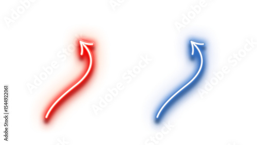 Vibrant neon arrows, one in fiery red and the other in cool blue, elegantly curving upwards, ideal for directional cues or modern design accents with a transparent background.


