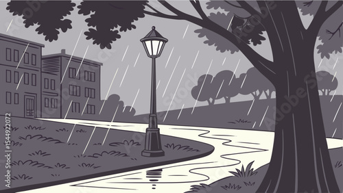 Grayscale illustration of a rainy day in a park with a street lamp and buildings in the background