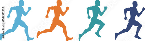 Colorful running man silhouette sequence, fitness motion illustration, athlete sprinting vector graphic, isolated on white background, exercise, sports, active lifestyle, training, health concept