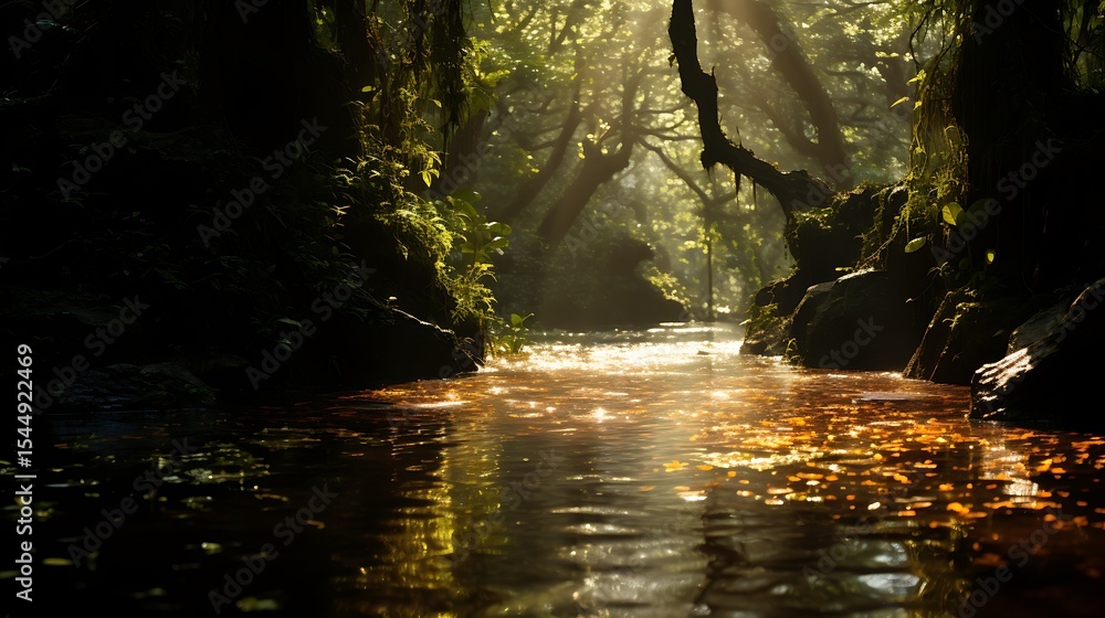 Sunlit Stream Through Lush Green Forest with Mossy Rocks and Glimmering Water Surface Sunlit Stream Through Lush Green Forest with Mossy Rocks and Glimmering Water Surface