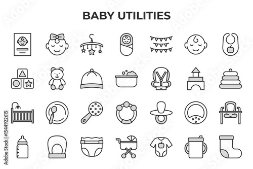 Baby & Newborn Utilities Vector Icon Set - Editable Line Weight - Baby, Passport, Head, Mobile, Swaddle, Bunting, Bib, Blocks, Teddy Bear, Hat, Bathtub icons