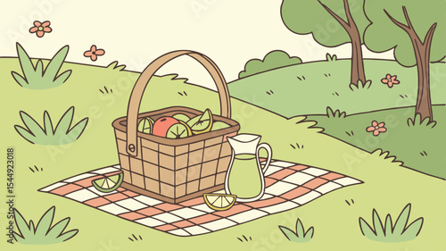 A picnic basket filled with fruit and a pitcher of lemonade on a checkered blanket in a park setting