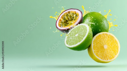 Close up of a lime and a lemon with a splash of juice. The lime is cut in half and the lemon is cut in half as well