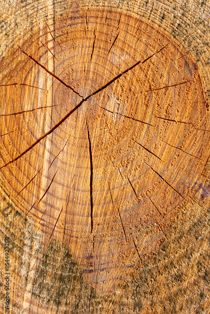 Fototapeta premium Piece of wood with a hole in the middle. The wood is split and has a rough texture.
