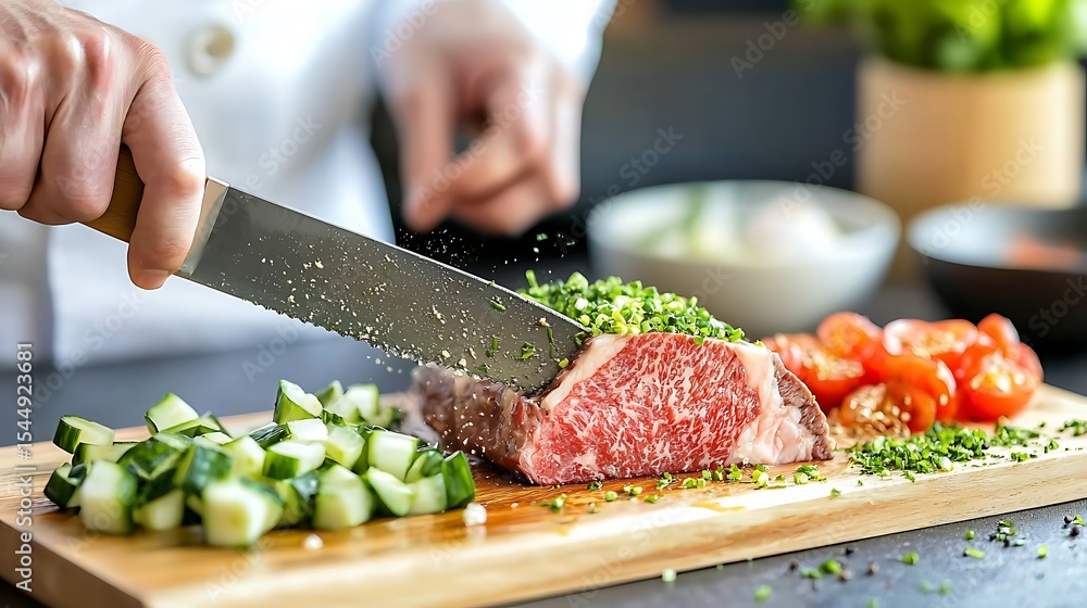 Expert butcher skillfully cuts a prime wagyu rib roast at a gourmet kitchen culinary art close-up scene food preparation Expert butcher skillfully cuts a prime wagyu rib roast at a gourmet kitchen culinary art close-up scene food preparation