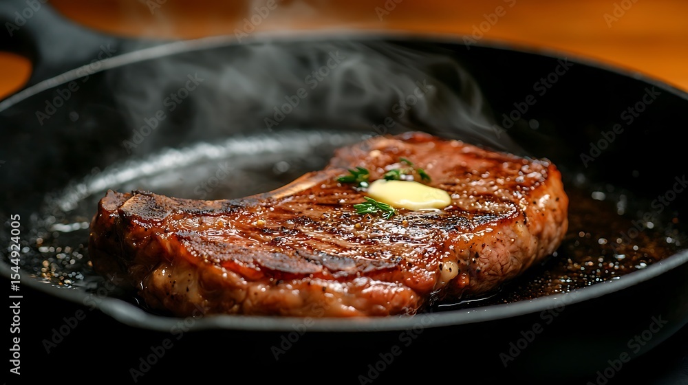 Fototapeta premium Sizzling wagyu steak cooking in cast iron pan gourmet kitchen slow-motion food capture culinary delight close-up view