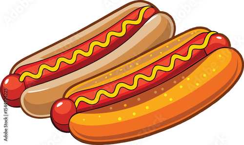 Two cartoon hot dogs with mustard on a white background