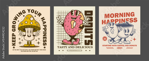 Cartoon character mascot set featuring donut, mushroom, and coffee cup in retro vector style. Perfect for sticker, print, t-shirt, apparel, and more