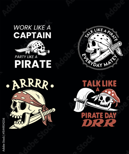 Talk Like A Pirate Day  T shirt Design Vector. Skull in pirate bandana with knife in mouth. Print for T-shirt, typography, vintage graphic print for t shirt , fashion, sticker, posters and other