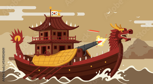 The ship is sailing through waves, with its sails billowing in the wind.