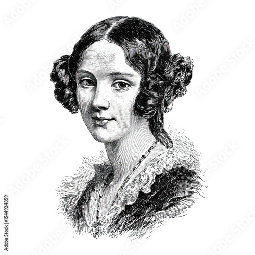 Black and white vintage engraving, close-up headshot portrait of Augusta Ada King Lovelace, the famous historical English mathematician and writer, white background, greyscale