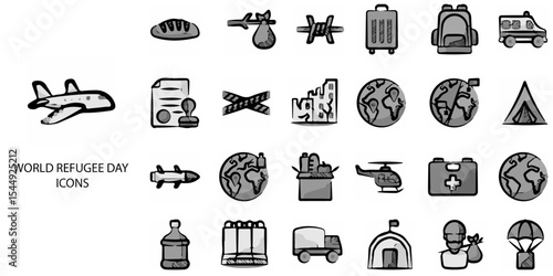 World Refuge day simple concept 24 hand drawn Grew color icons set .Vector illustration.