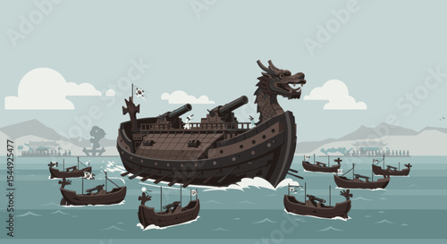 The ship is sailing through waves, with its sails billowing in the wind.