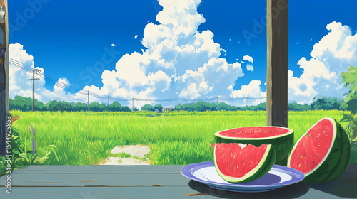 夏の田舎風景とスイカ
