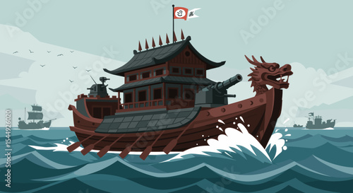 The ship is sailing through waves, with its sails billowing in the wind.