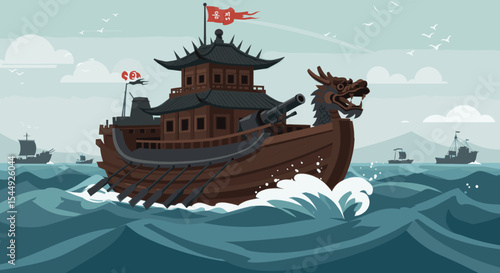 The ship is sailing through waves, with its sails billowing in the wind.