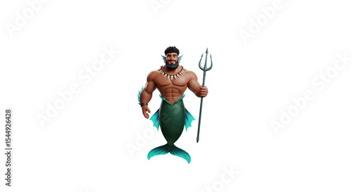 Merman warrior holding trident on transparent background