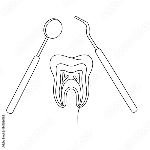 Vector line art of dental tools and an anatomical tooth cross-section, depicted in single continuous line style