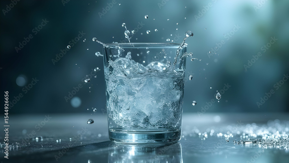 A glass full of ice water with a splash effect around A glass full of ice water with a splash effect around