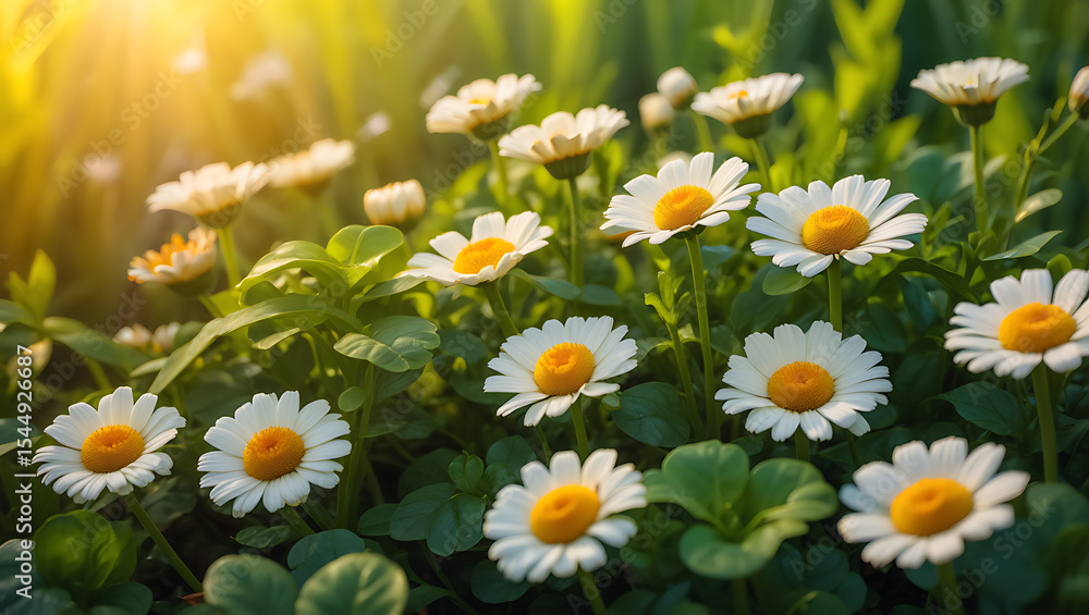 Fototapeta premium Close-up of numerous white daisies blooming in a lush green field bathed in sunlight