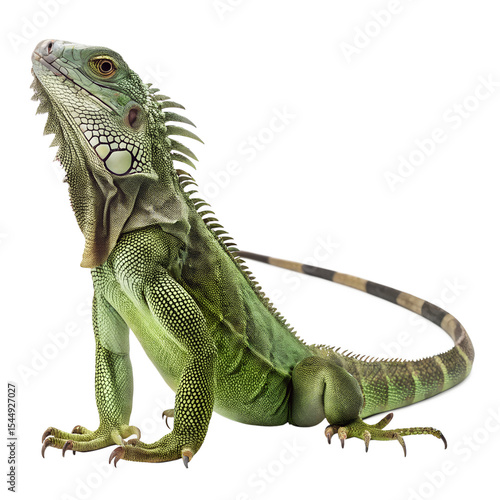 A green iguana sits upright, showcasing its distinctive scales and long tail. The background is black, emphasizing the iguana's vibrant color and features.