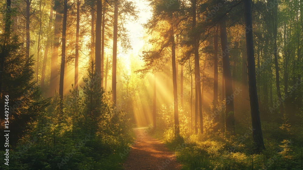 Fototapeta premium Spring brings new life to the Silent Forest, where the sun shines brightly and beautifully