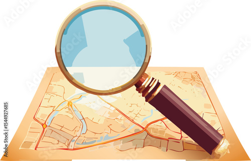A vintage magnifying glass with a brass handle resting on a faded map, showing intricate cartographic details. The glass distorts the map beneath it, creating a sense of discovery and nostalgia
