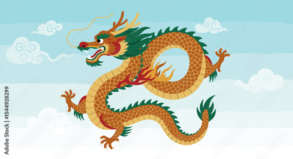 Obraz premium A traditional Asian dragon artwork featuring a fierce, coiled dragon with a golden and black color scheme. Flames and clouds surround the dragon, enhancing its mythical aura.