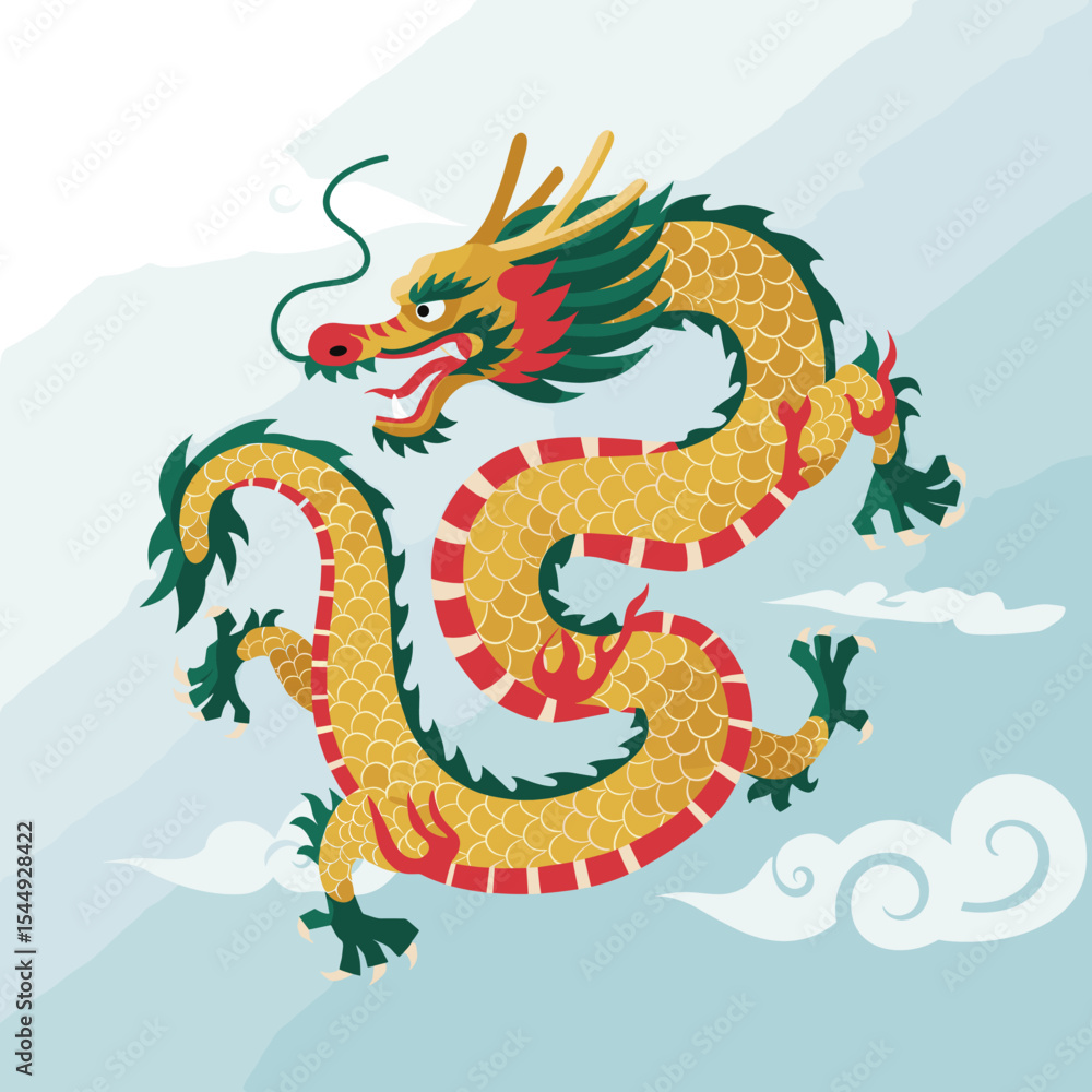 Obraz premium A traditional Asian dragon artwork featuring a fierce, coiled dragon with a golden and black color scheme. Flames and clouds surround the dragon, enhancing its mythical aura.