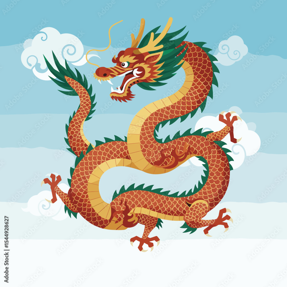 Fototapeta premium A traditional Asian dragon artwork featuring a fierce, coiled dragon with a golden and black color scheme. Flames and clouds surround the dragon, enhancing its mythical aura.
