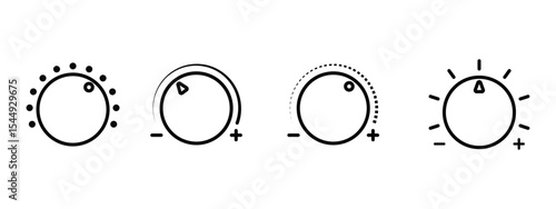 Volume control knobs icons set in line style. black round turning switches, knob switches high to low volume speed controller set in outline. vector illustration.