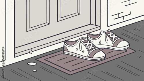 Illustration of a pair of shoes on a mat in front of a door with water droplets on the floor area
