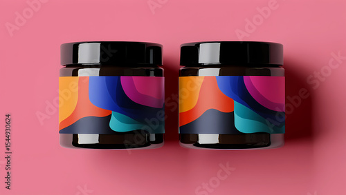 Modern Black Jars with Multicolor Wave Labels, Minimalist Packaging, Luxury Branding Mockup