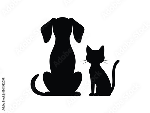 Black Silhouette Dog and Cat Sitting Together pets