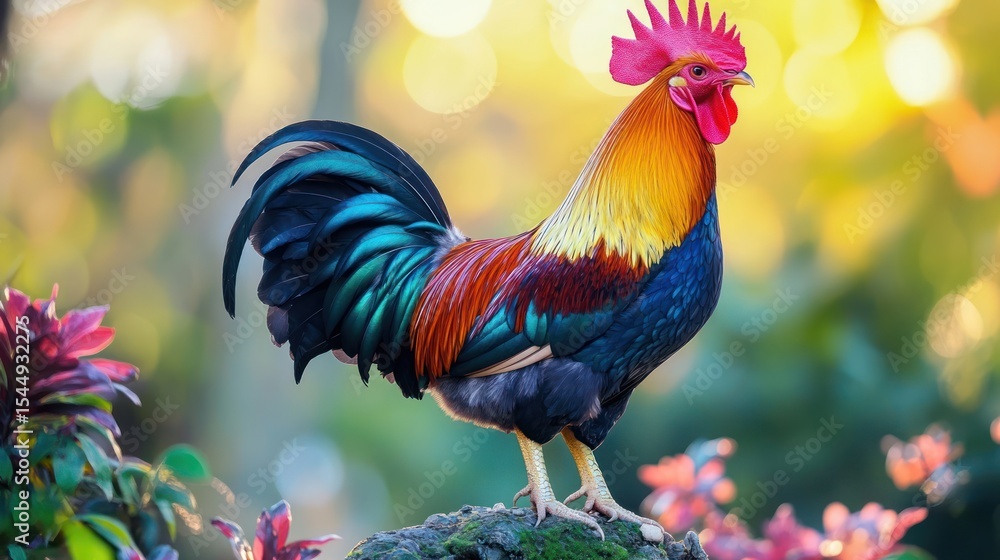 Fototapeta premium Colorful rooster standing majestically on a rock, surrounded by blurry foliage