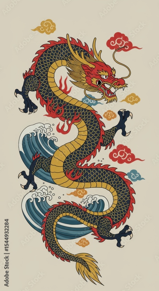 Obraz premium A traditional Asian dragon artwork featuring a fierce, coiled dragon with a golden and black color scheme.