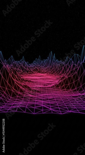 Synthwave landscape with vibrant geometric mesh and starry celestial background