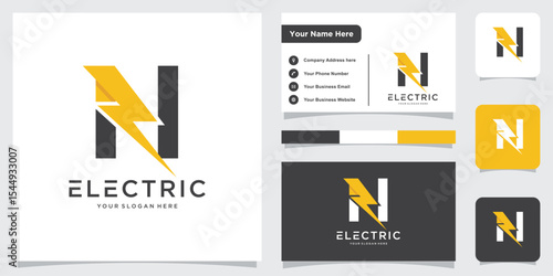 Initial N Letter with Lightning Bolt Logo Vector Design with business card design